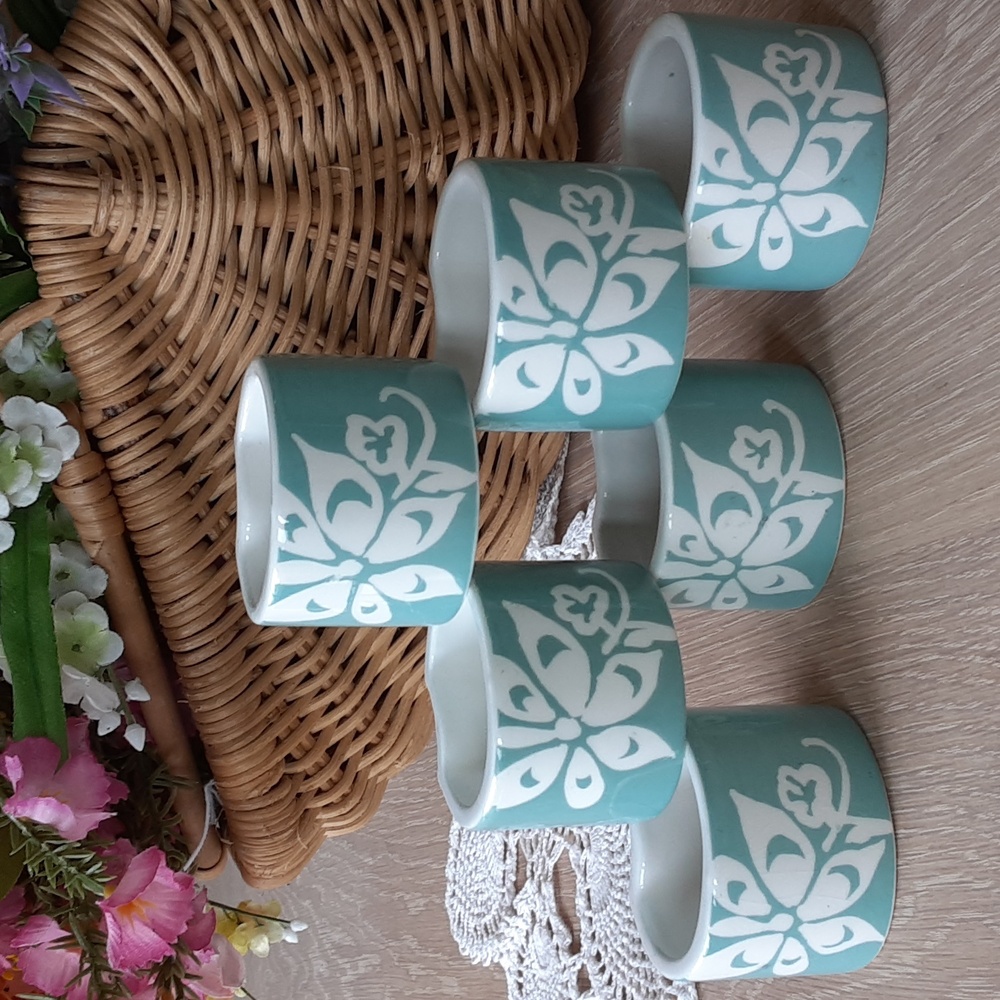 Ceramic White Floral on Teal Napkin Rings Set of 6
